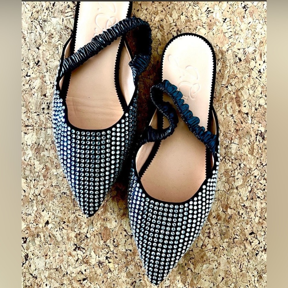 J. Crew Embellished Black Pointed Toe Slingback Flats